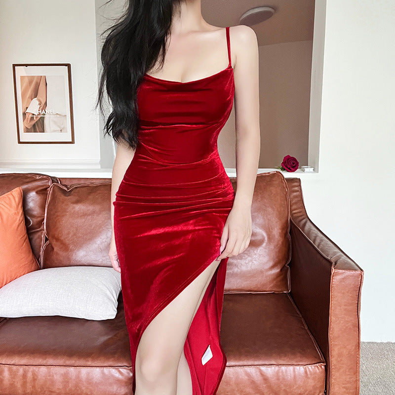Bodycon Velvet Midi Dress with Cowl Neck and High Slit