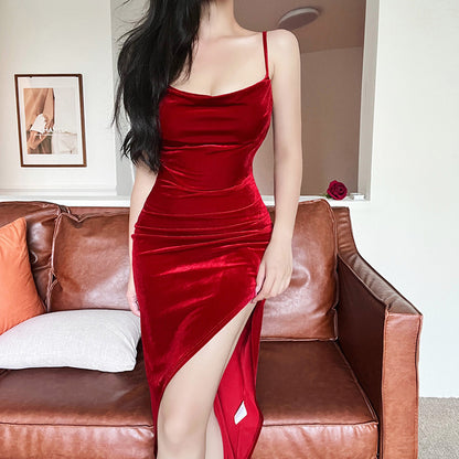 Bodycon Velvet Midi Dress with Cowl Neck and High Slit