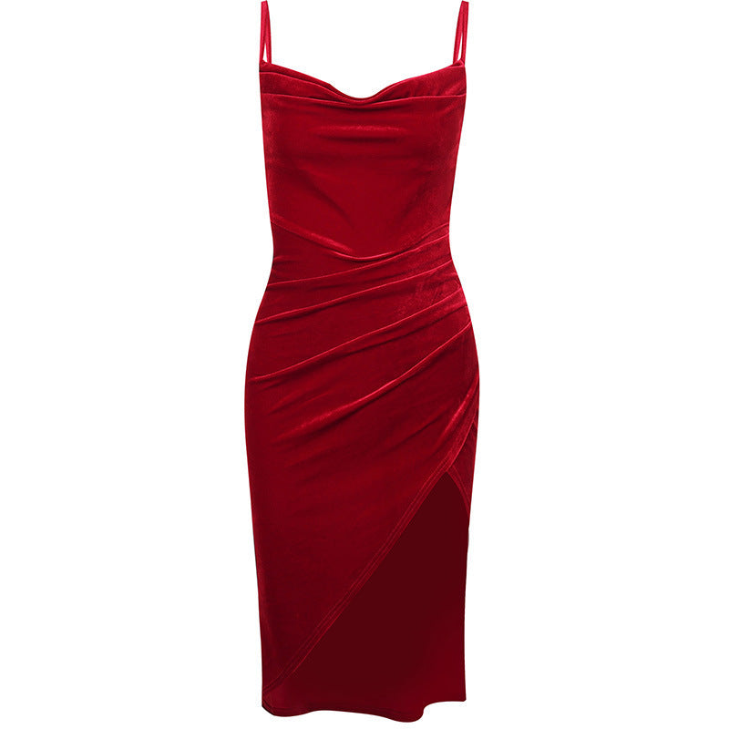 Bodycon Velvet Midi Dress with Cowl Neck and High Slit