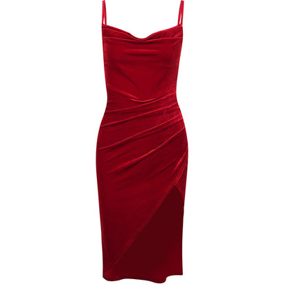 Bodycon Velvet Midi Dress with Cowl Neck and High Slit