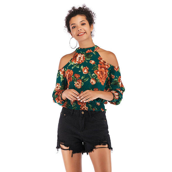 Floral Print Cold-Shoulder Blouse with Smocked Hem