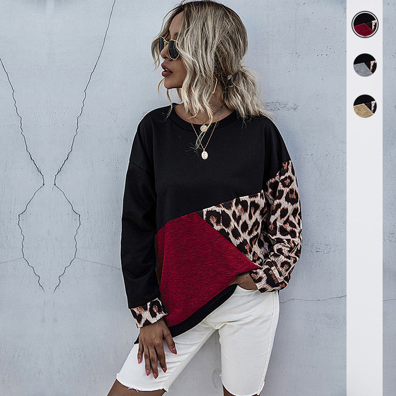 Leopard Print Patchwork Pullover with Crewneck