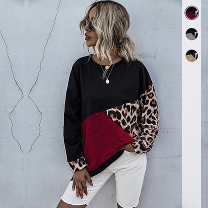 Leopard Print Patchwork Pullover with Crewneck
