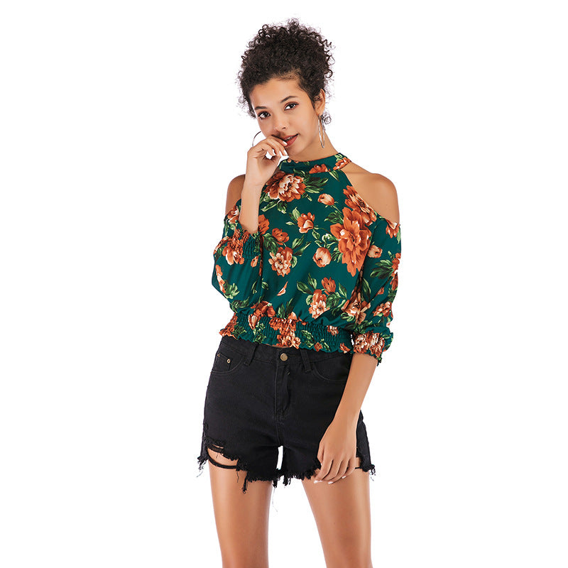 Floral Print Cold-Shoulder Blouse with Smocked Hem