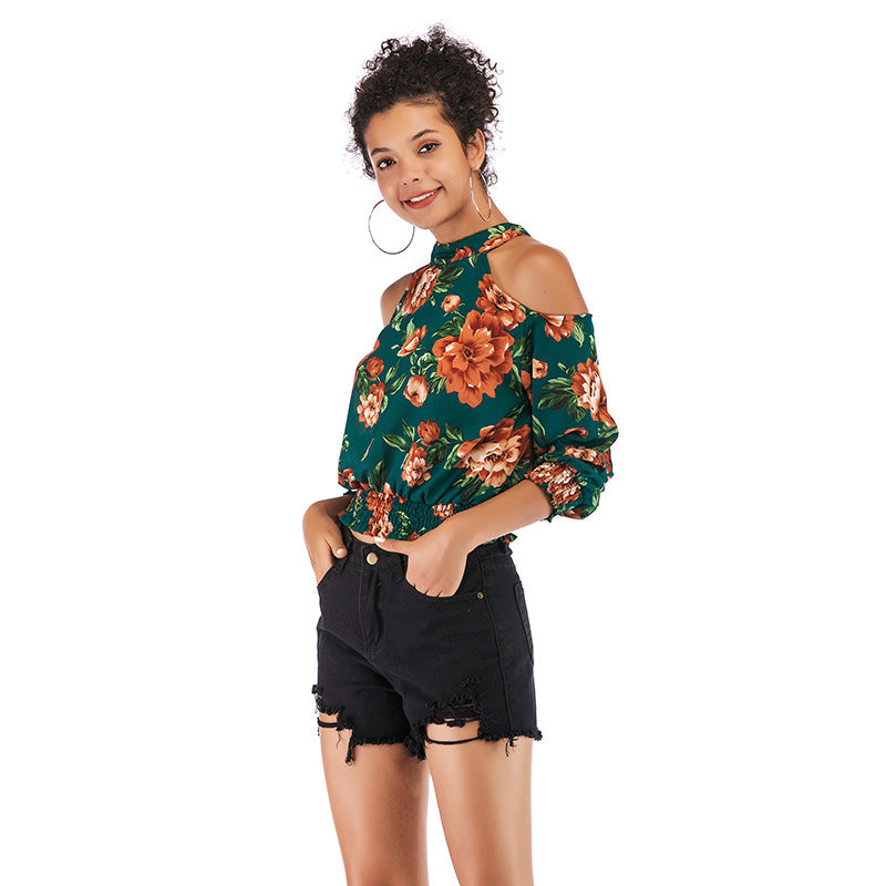 Floral Print Cold-Shoulder Blouse with Smocked Hem