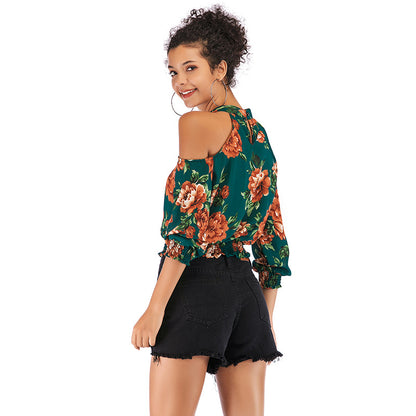 Floral Print Cold-Shoulder Blouse with Smocked Hem