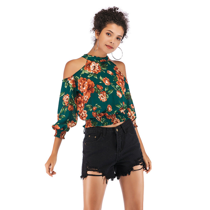 Floral Print Cold-Shoulder Blouse with Smocked Hem