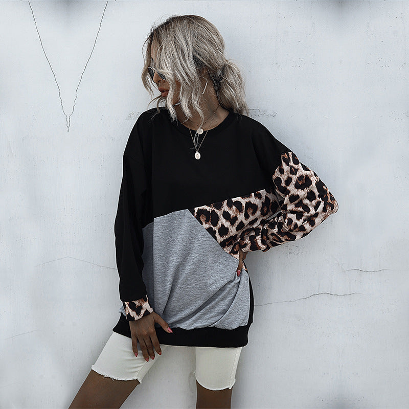 Leopard Print Patchwork Pullover with Crewneck
