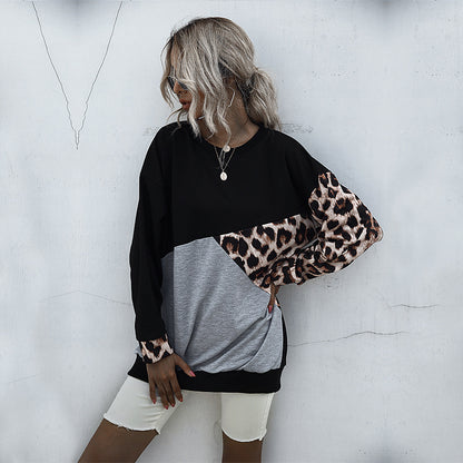 Leopard Print Patchwork Pullover with Crewneck