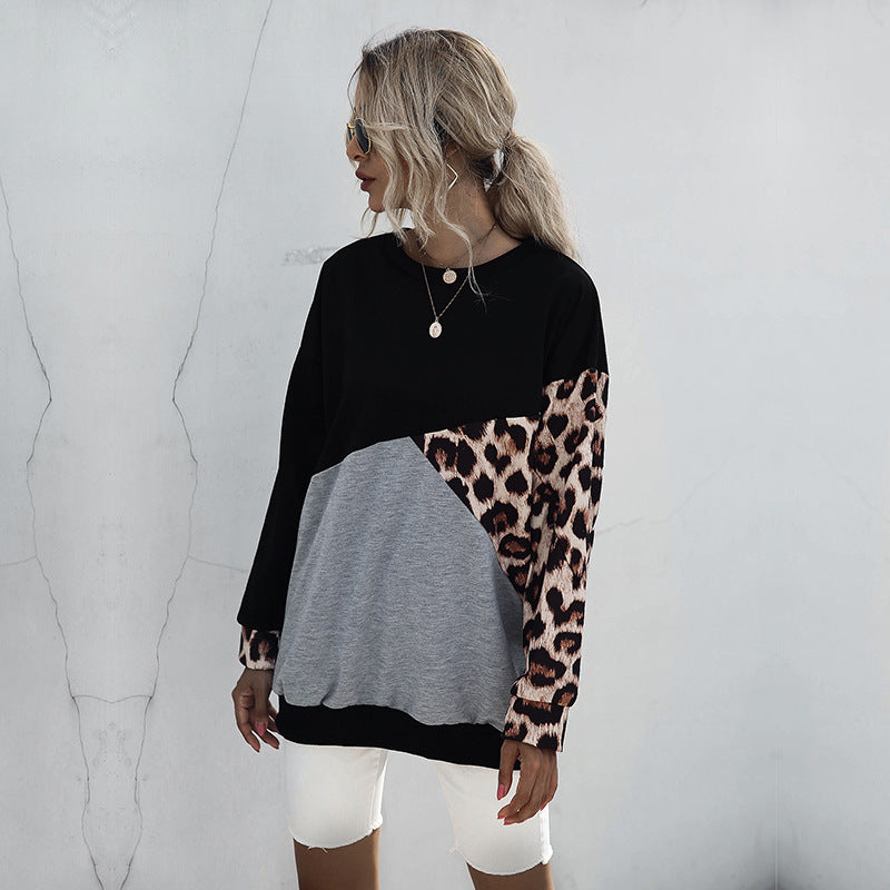 Leopard Print Patchwork Pullover with Crewneck