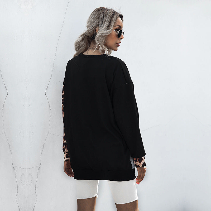 Leopard Print Patchwork Pullover with Crewneck