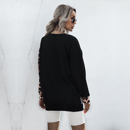Leopard Print Patchwork Pullover with Crewneck