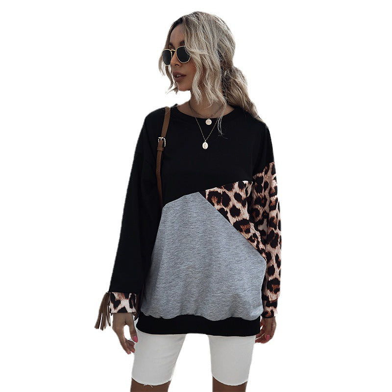 Leopard Print Patchwork Pullover with Crewneck