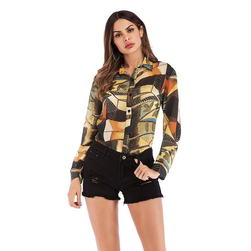 Abstract Print Chiffon Button-Down Shirt with Lapel Collar