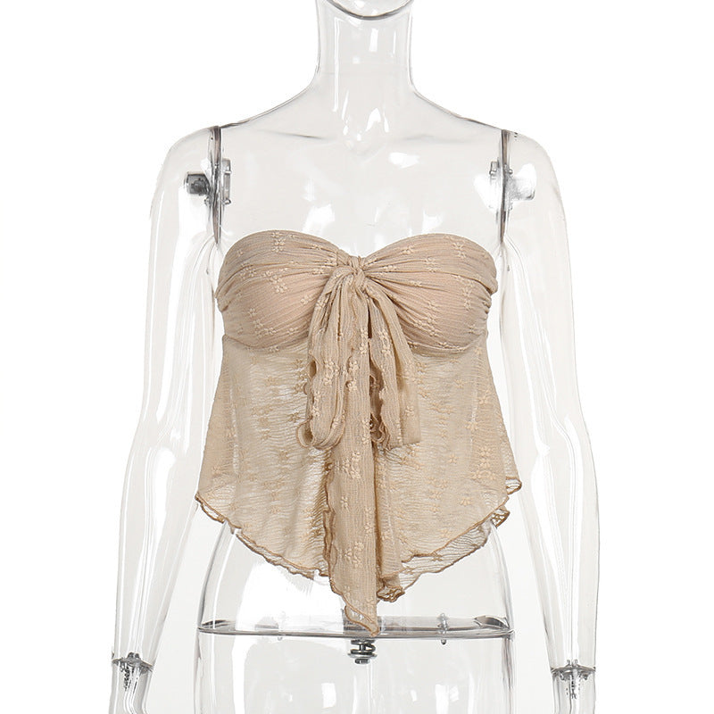 Textured Handkerchief Hem Tube Top with Tie-Front Detail