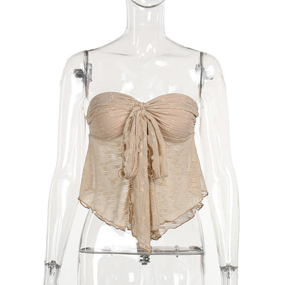 Textured Handkerchief Hem Tube Top with Tie-Front Detail