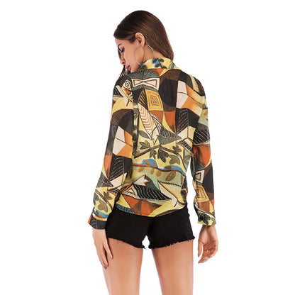 Abstract Print Chiffon Button-Down Shirt with Lapel Collar