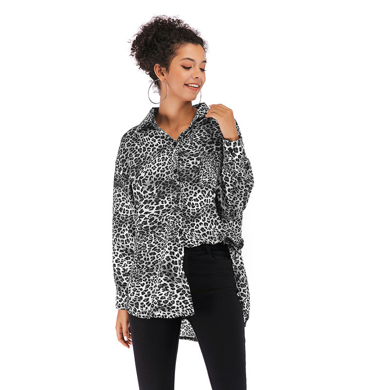 Abstract Print Chiffon Button-Down Shirt with Lapel Collar