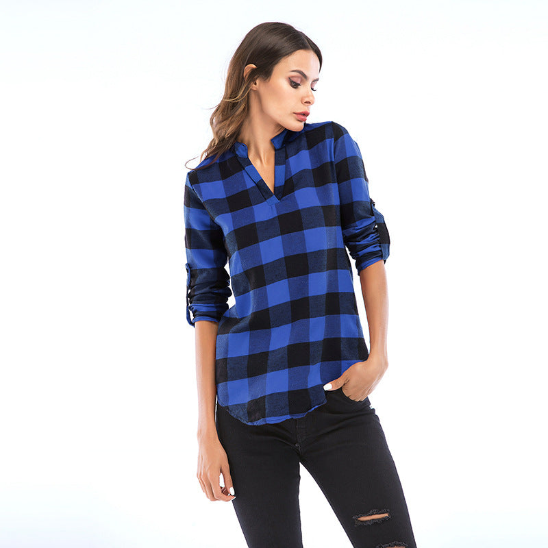 Buffalo Plaid V-Neck Blouse with Roll-Tab Sleeves