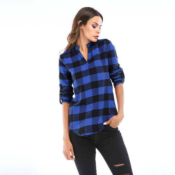 Buffalo Plaid V-Neck Blouse with Roll-Tab Sleeves