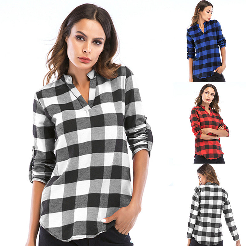 Buffalo Plaid V-Neck Blouse with Roll-Tab Sleeves