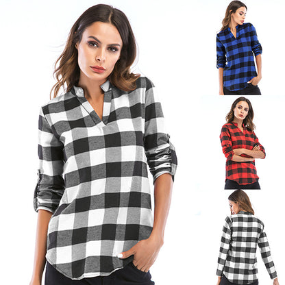 Buffalo Plaid V-Neck Blouse with Roll-Tab Sleeves