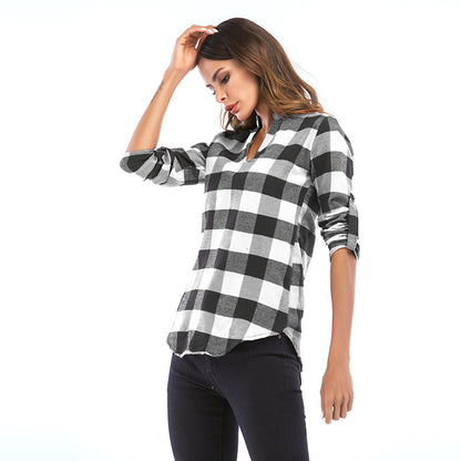 Buffalo Plaid V-Neck Blouse with Roll-Tab Sleeves