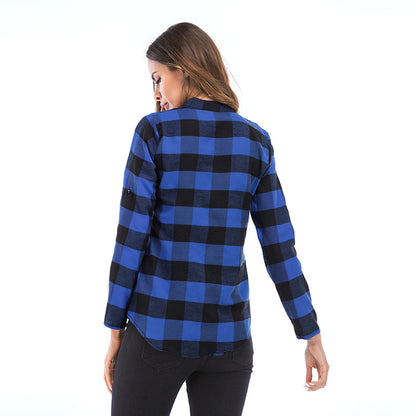 Buffalo Plaid V-Neck Blouse with Roll-Tab Sleeves