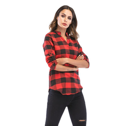 Buffalo Plaid V-Neck Blouse with Roll-Tab Sleeves