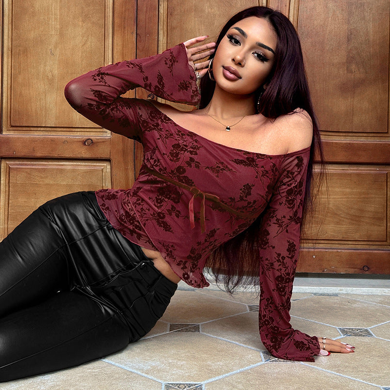 Floral Mesh Off-the-Shoulder Top with Flared Sleeves