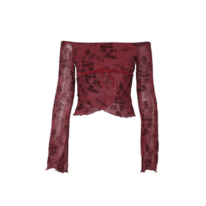 Floral Mesh Off-the-Shoulder Top with Flared Sleeves