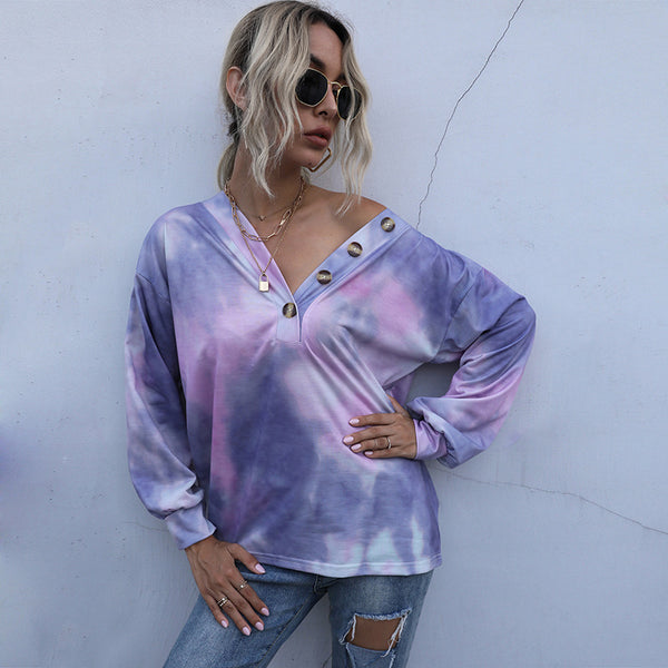 Tie-Dye Long-Sleeve Pullover with V-Neck and Button Detail