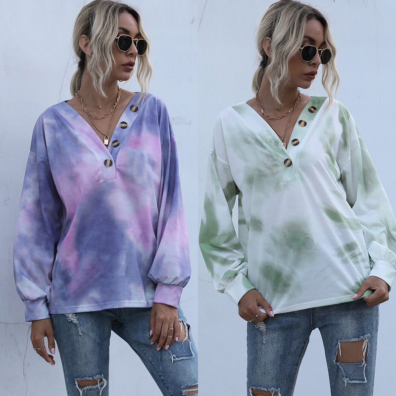Tie-Dye Long-Sleeve Pullover with V-Neck and Button Detail