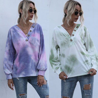 Tie-Dye Long-Sleeve Pullover with V-Neck and Button Detail