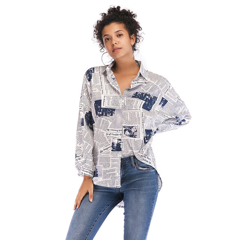 Oversized Newspaper Print Shirt with High-Low Hem