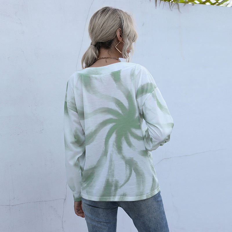 Tie-Dye Long-Sleeve Pullover with V-Neck and Button Detail