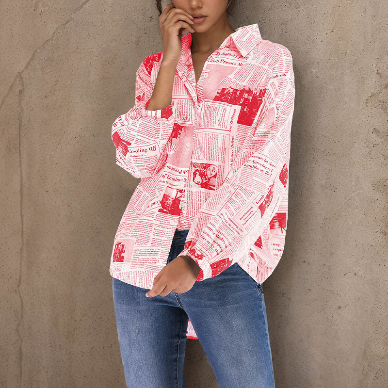 Oversized Newspaper Print Shirt with High-Low Hem
