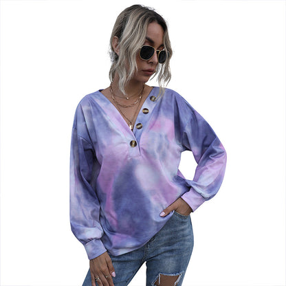 Tie-Dye Long-Sleeve Pullover with V-Neck and Button Detail