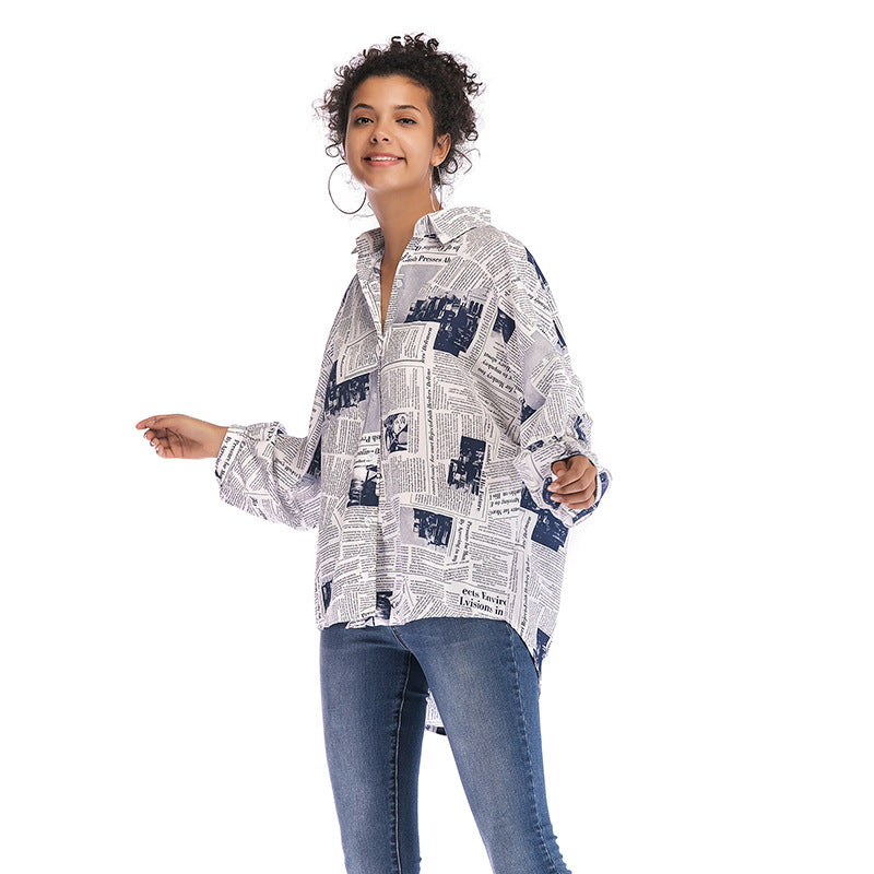 Oversized Newspaper Print Shirt with High-Low Hem