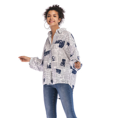 Oversized Newspaper Print Shirt with High-Low Hem
