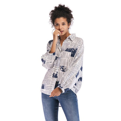 Oversized Newspaper Print Shirt with High-Low Hem