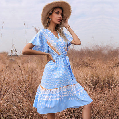 Ethnic Geometric A-Line Midi Dress with V-Neck and Horn Sleeves