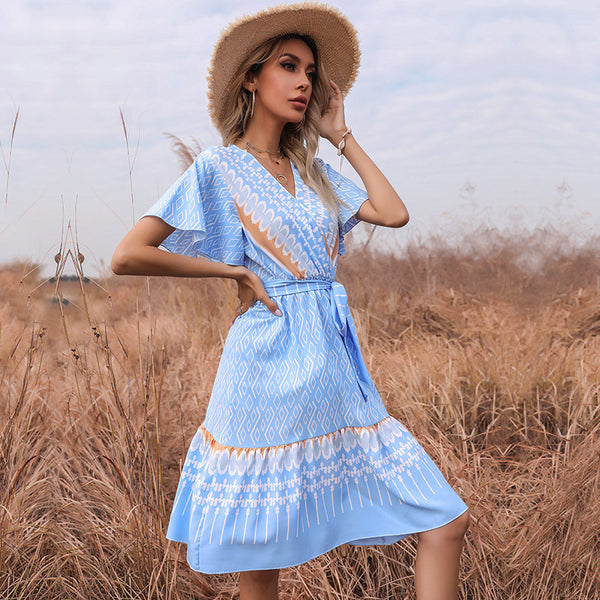 Ethnic Geometric A-Line Midi Dress with V-Neck and Horn Sleeves