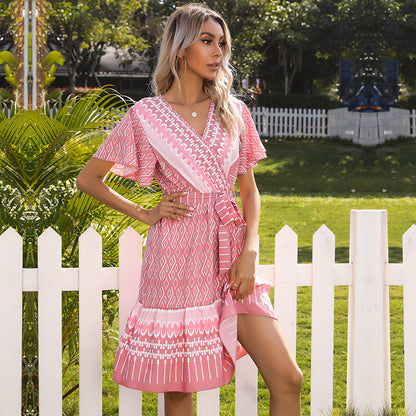 Ethnic Geometric A-Line Midi Dress with V-Neck and Horn Sleeves
