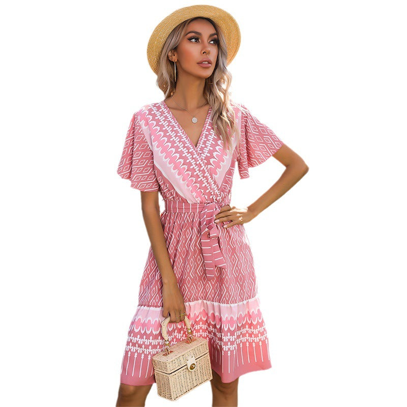 Ethnic Geometric A-Line Midi Dress with V-Neck and Horn Sleeves