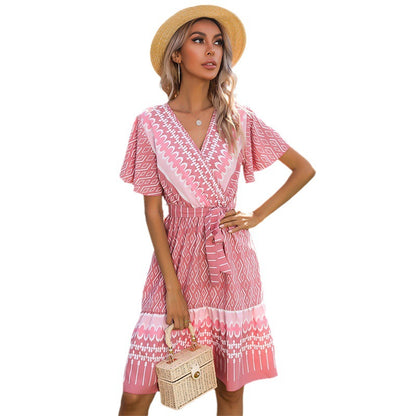 Ethnic Geometric A-Line Midi Dress with V-Neck and Horn Sleeves