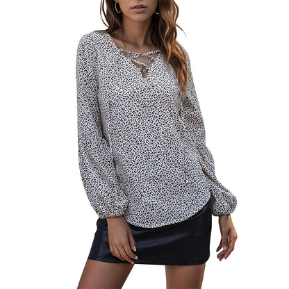 Leopard Print Blouse with Lace-Up V-Neck and Long Sleeves