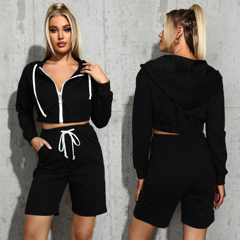 Solid Cropped Zip-Up Hoodie and Drawstring Shorts Set