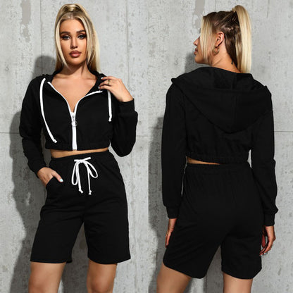 Solid Cropped Zip-Up Hoodie and Drawstring Shorts Set