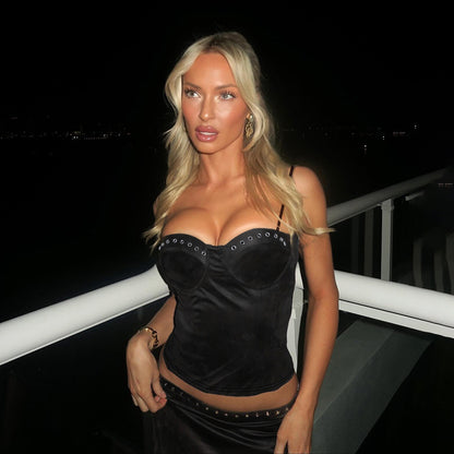 Cropped Velvet Bustier Top with Grommet Detailing